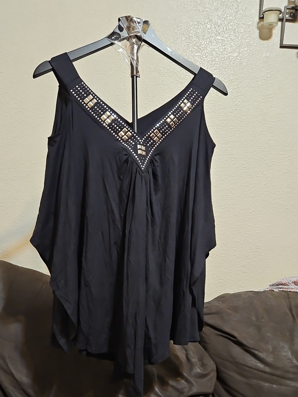 FunFash Black Bat Wing V-Neck Top with Metallic Square Accents